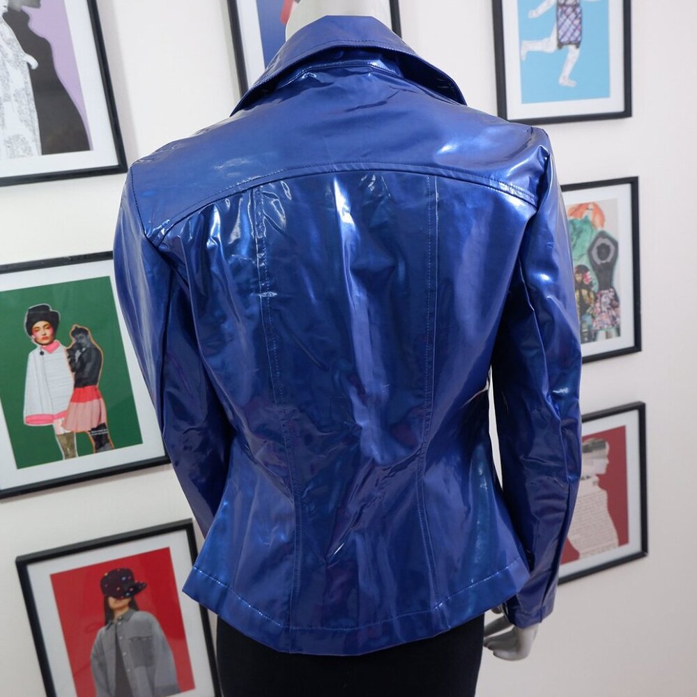 1990s Y2K Vinyl Look Shiny Slick Blue Polyurethane Jacket S Club - Picture 6 of 8
